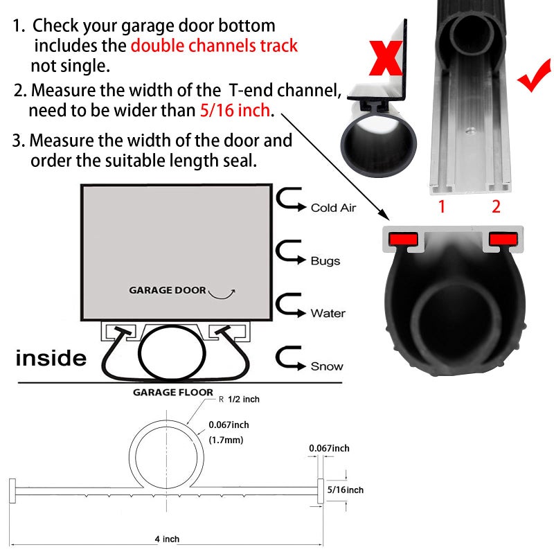 BOWSEN Garage Door Bottom Seals Weatherproof Weather Stripping Threshold Buffering Sealing High Performance EPDM Rubber Resistance Gasket Black 5/16 Inch T-End, 16FT Long - Image 4